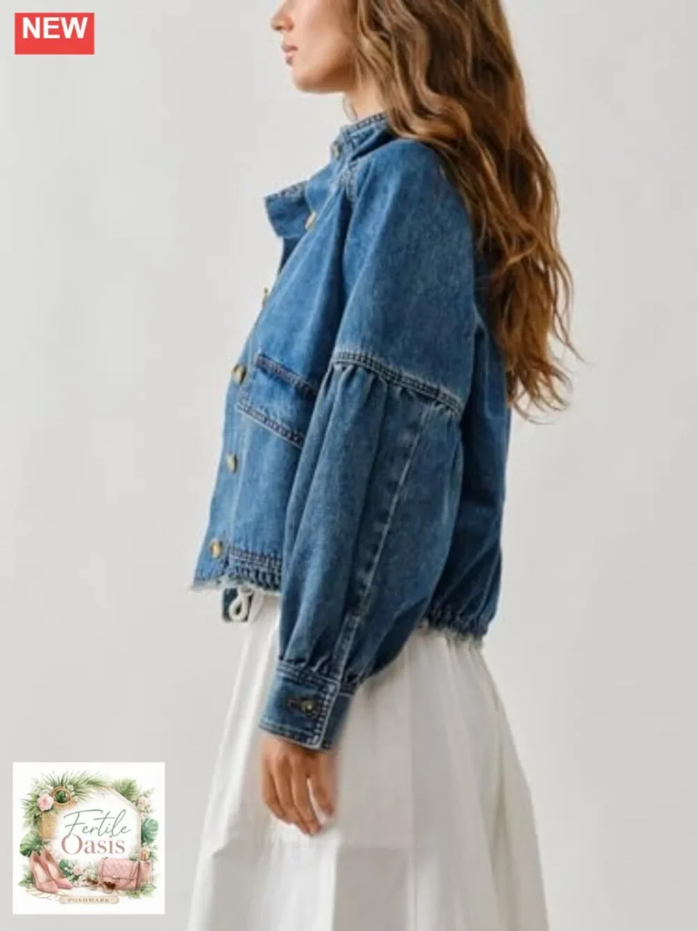 Womens Denim Bomber Jacket Balloon Sleeve Twill Coat Drawstring Waist with